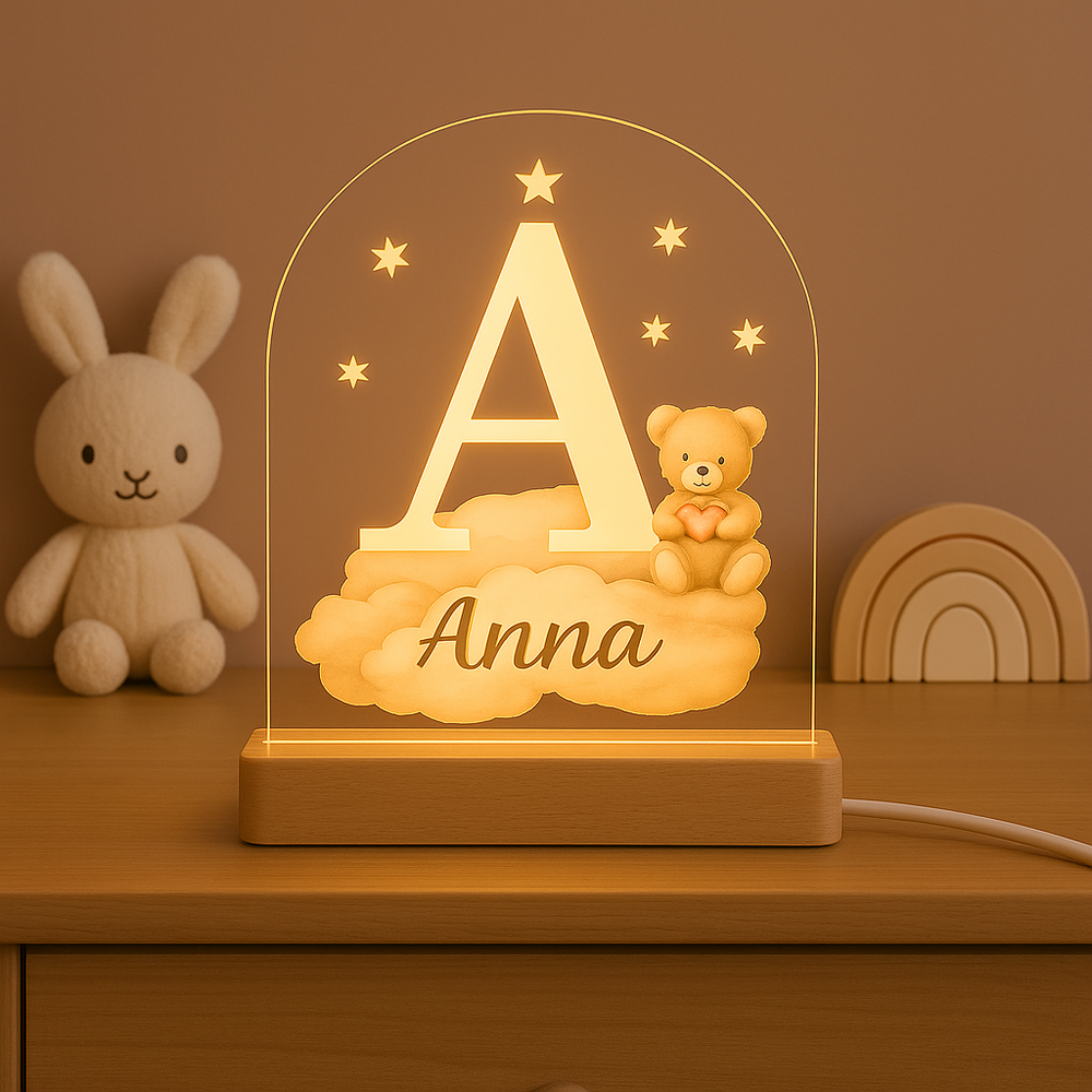 Nachtlampje met initiaal A en naam &ndash; Beertje op wolk
