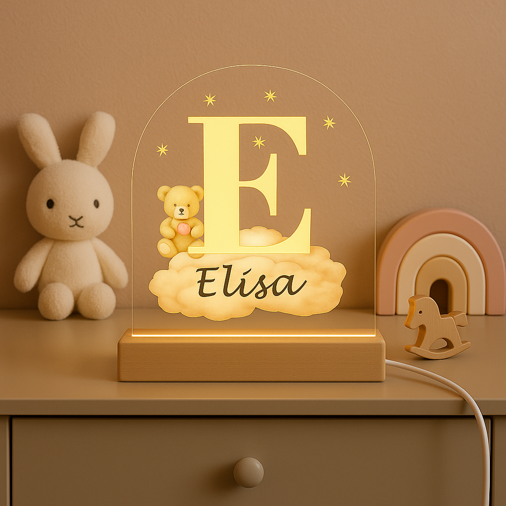 Nachtlampje Initiaal E met Naam &ndash; Beertje op Wolk
