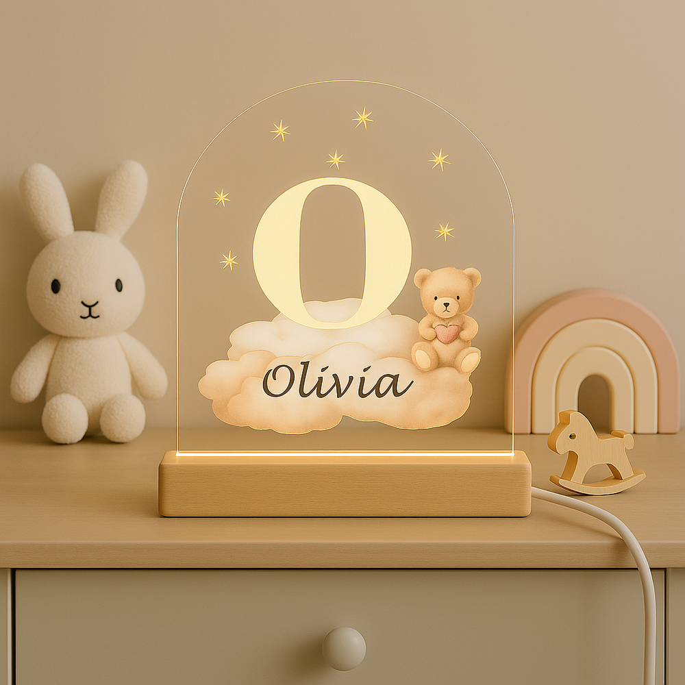 Nachtlampje Initiaal O met Naam &ndash; Beertje op Wolk