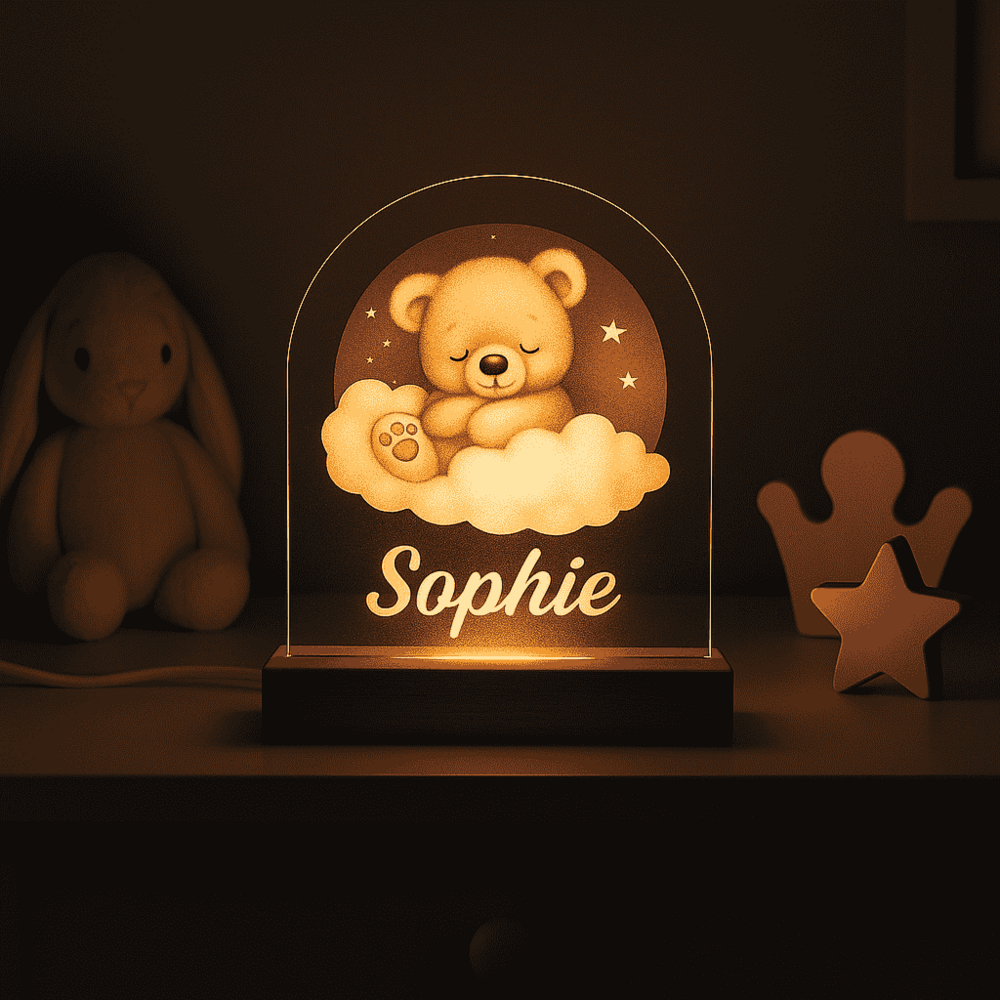 Nachtlampje met Naam &ndash; Beertje op Wolk met Maan &ndash; Voor Meisje nacht