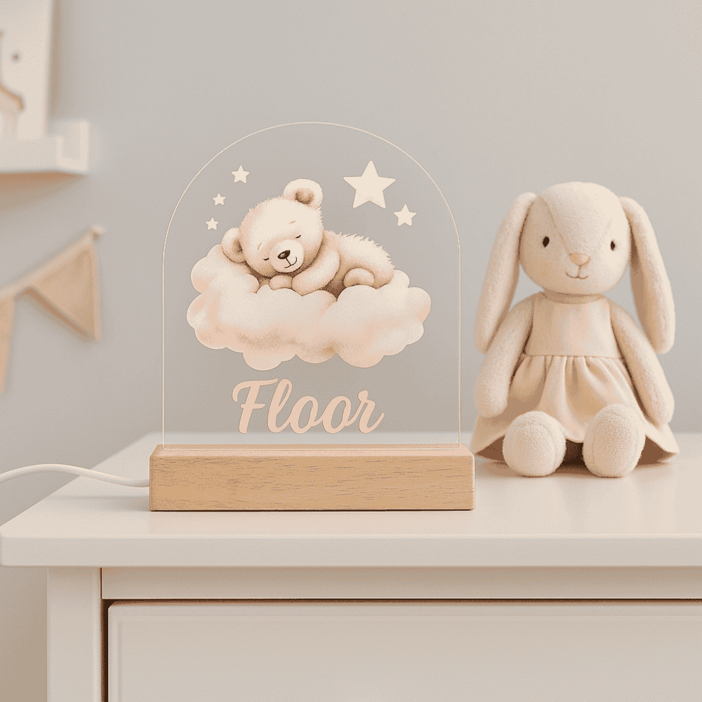 Beertje op wolk met sterren | Nachtlampje met eigen Naam | Meisje