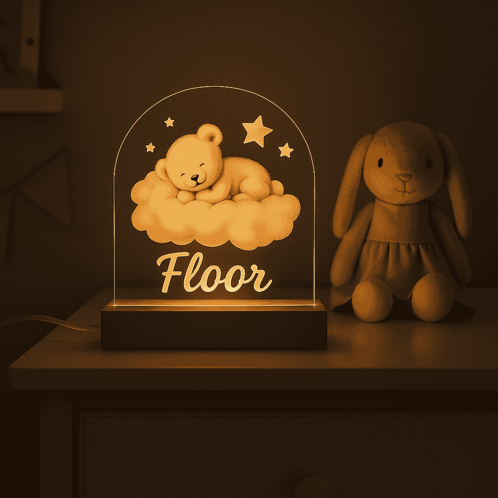 Beertje op wolk met sterren | Nachtlampje met eigen Naam | Meisje nacht
