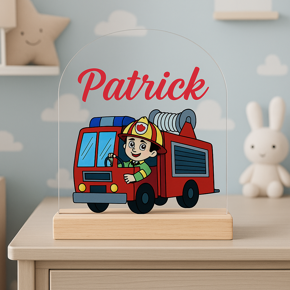 Brandweerauto Cartoon | Nachtlampje met Naam | Stoere brandweerwagen