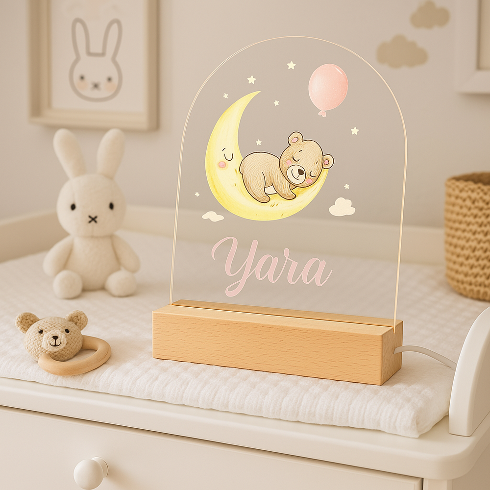 Slaap zacht beertje roze | Nachtlampje met eigen naam | Gepersonaliseerd