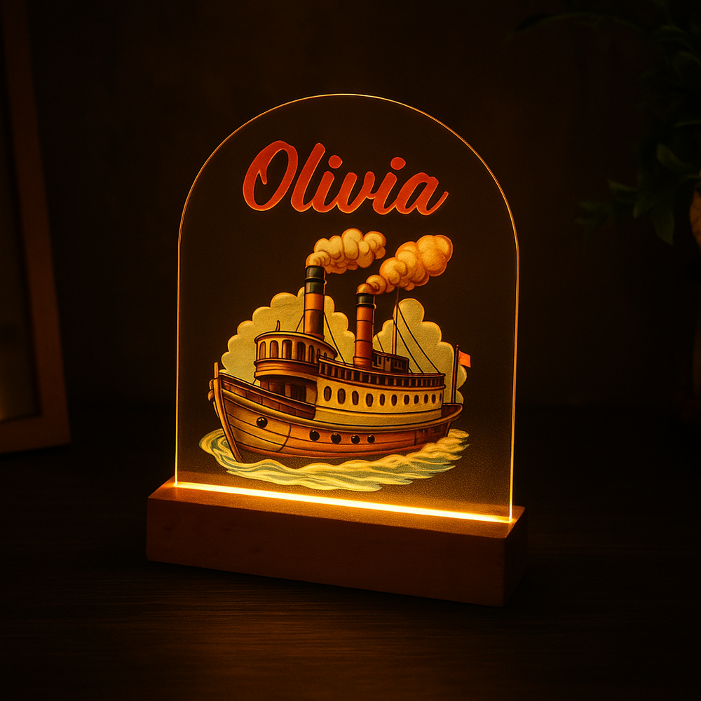 Stoomboot | Nachtlampje met eigen Naam | Gepersonaliseerd voor Jongens of Meisjes nacht