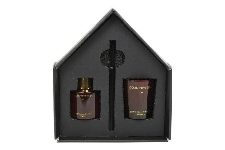 Cadeauset Countryfield Elegance rood met geurstokjes en geurkaars in huisvorm doos