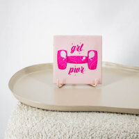 Roze keramieken tegeltje met Grl Pwr-tekst en dumbbell