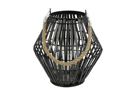 Zwart houten windlicht Maite S met koordhandvat en glazen inzet