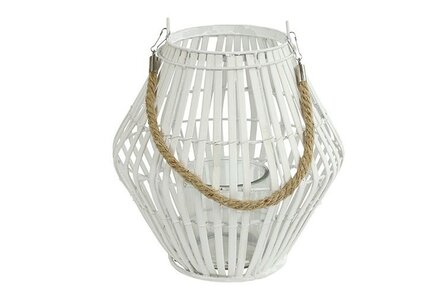 Wit houten windlicht Maite S met koordhandvat en glazen inzet