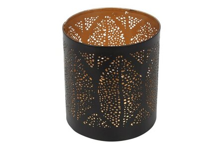 Zwart metalen windlicht Deen maat S met bladpatroon en goudkleurige binnenzijde