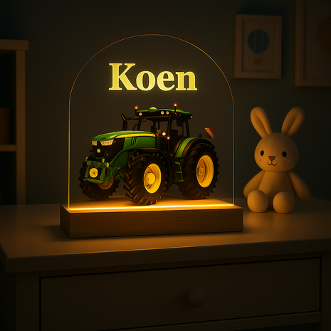 Persoonlijk nachtlampje met naam op plexiglas 4 mm, houten voet met warm wit LED-licht