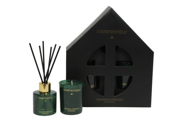 Set: geurstokjes en kaars XS naast gesloten Mysterious geschenkdoos