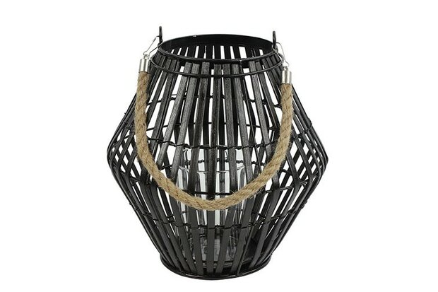 Zwart houten windlicht Maite S met koordhandvat en glazen inzet