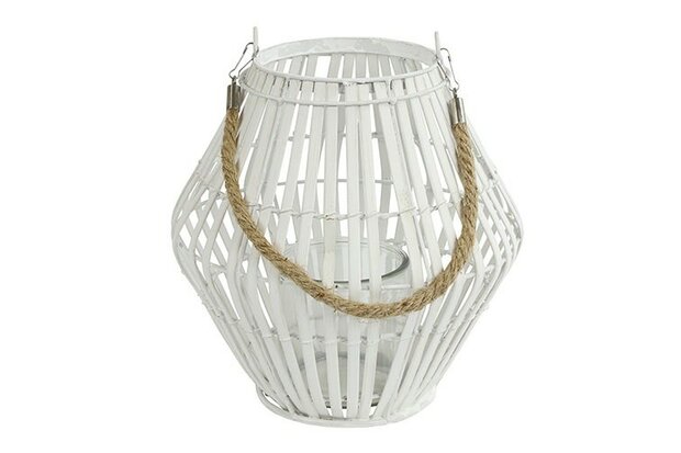 Wit houten windlicht Maite S met koordhandvat en glazen inzet