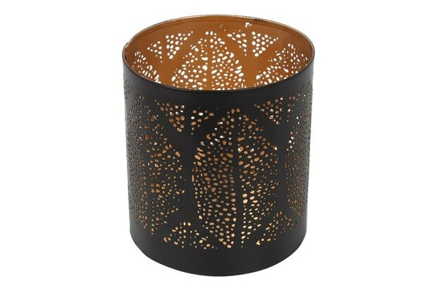Zwart metalen windlicht Deen maat S met bladpatroon en goudkleurige binnenzijde