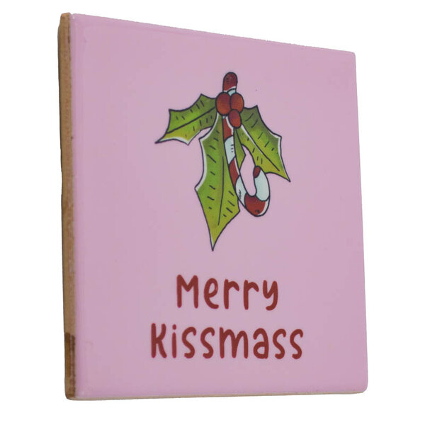 Keramiek tegeltje Merry Kissmass roze met hulst en candy cane &ndash; vooraanzicht