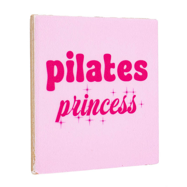 Roze keramieken tegeltje Pilates Princess schuin aanzicht