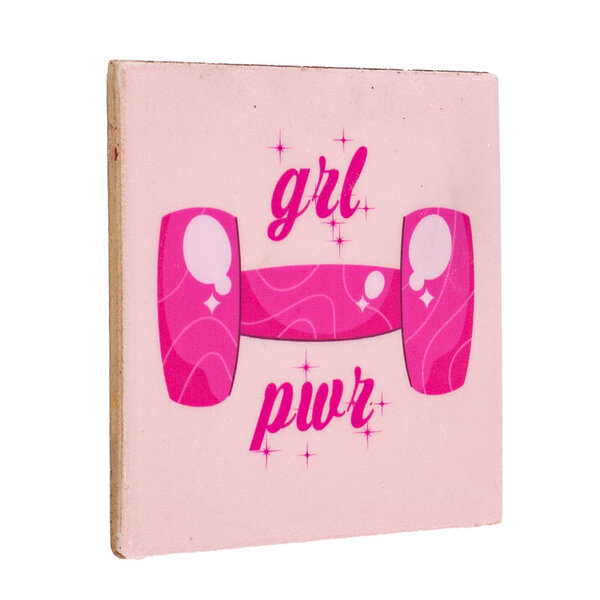 Keramieken tegeltje Grl Pwr met roze dumbbell design