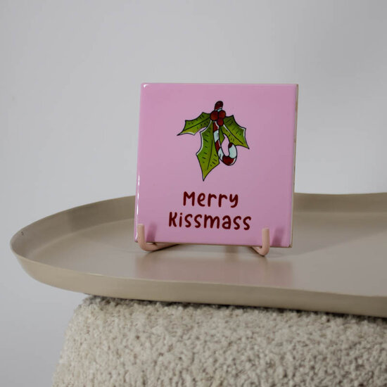 Roze keramieken tegeltje Merry Kissmass 10x10 cm op standaard